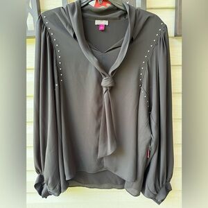Vince Camuto-STUD DETAIL TIE NECK LONG SLEEVE GEORGETTE BLOUSE IN RICH BLACK